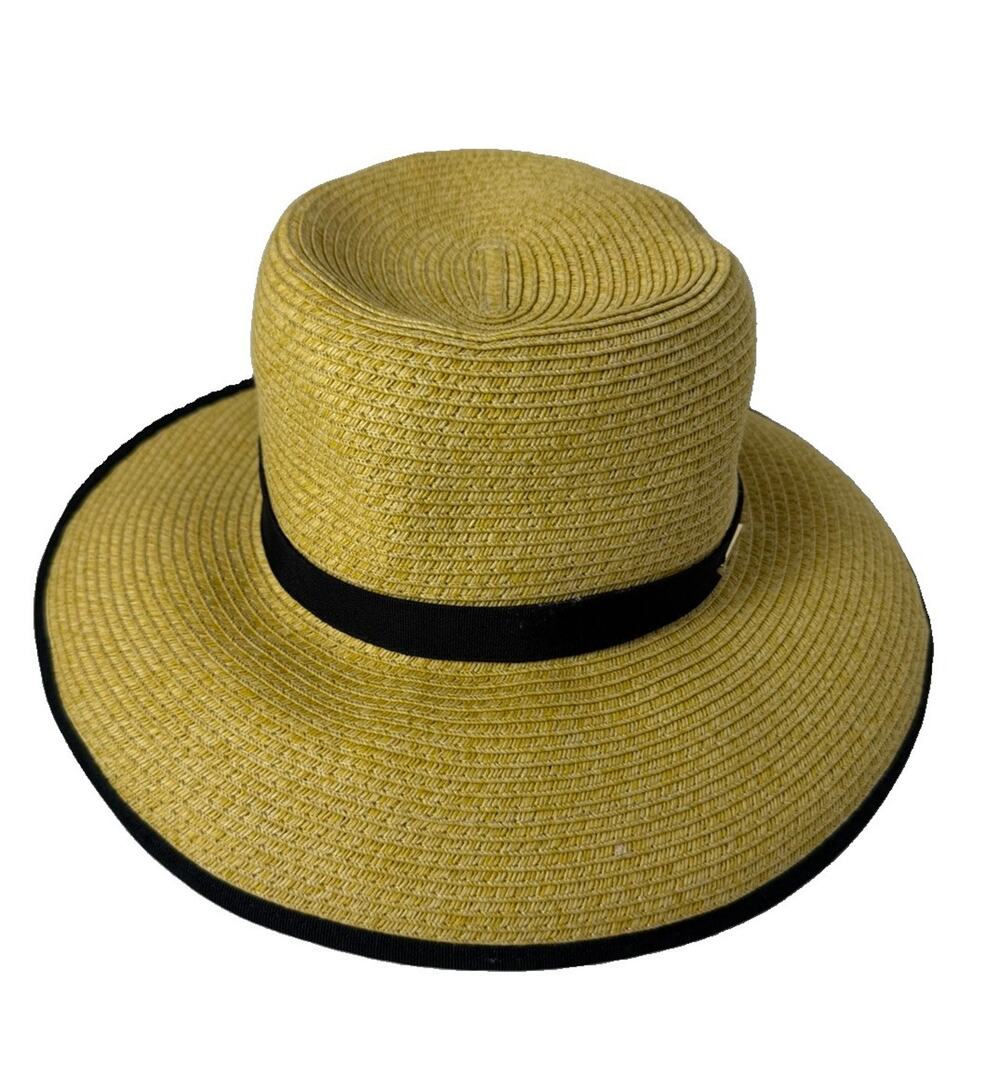 Lands’ End Women’s S/M Wide Brim Sun Hat Yellow Paper Straw Black Trim